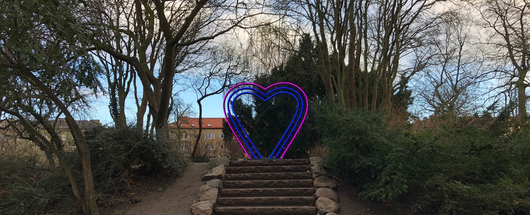 Trappa i en park som leder upp till en ljusinstallation som liknar ett hjärta.