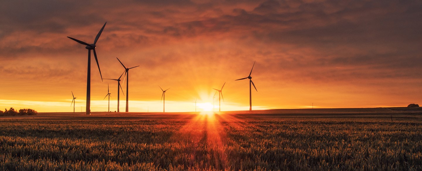 Några vindkraftverk som står på en äng i solnedgången.