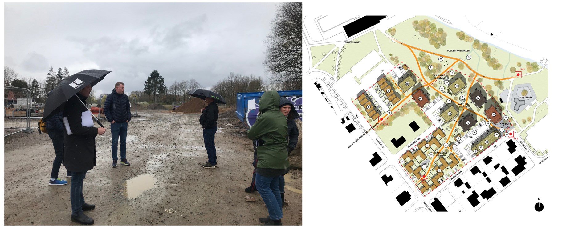 Till vänster en bild på folk som står på den obebyggda platsen i Bjuv. Till höger en situationsplan över det planerade området.