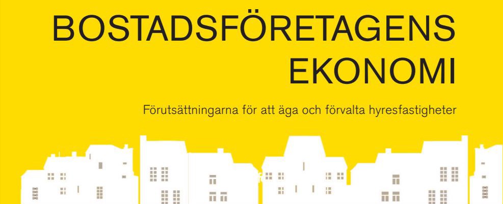 En vit stadssiluett mot gul bakgrund med texten Bostadsföretagens ekonomi.