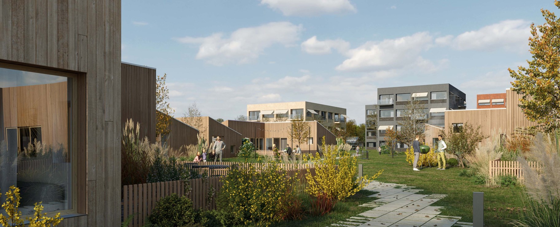 Skiss av bostadsområdet. Varierande boendeformer med genomgående grönytor ger ett inkluderande och tryggt område.