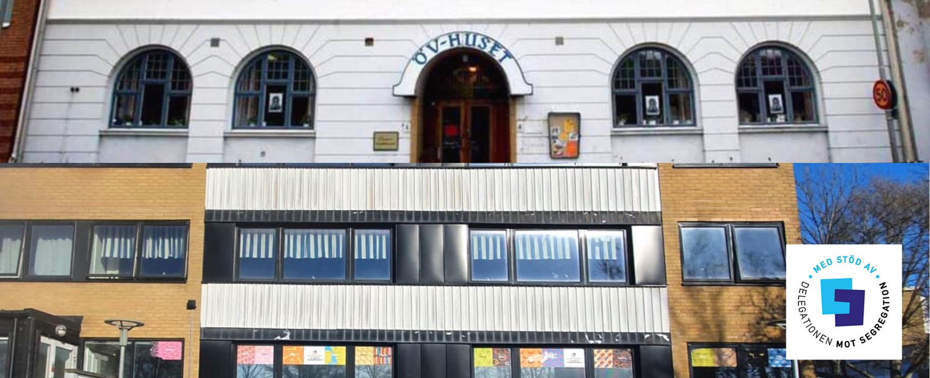 Bild på två fasader som är aktivitetshus i Landskrona.