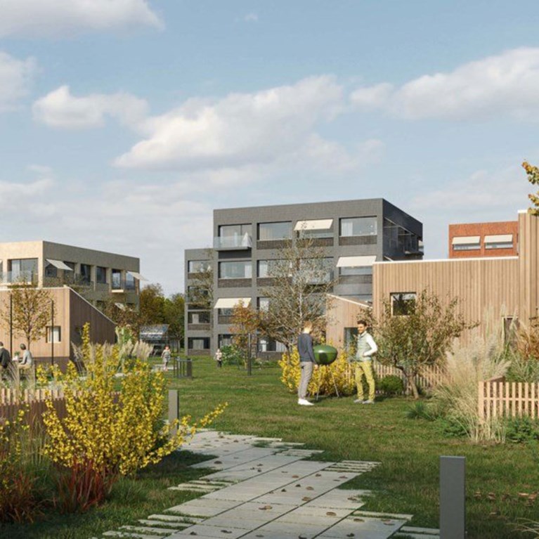 Skiss av bostadsområdet. Varierande boendeformer med genomgående grönytor ger ett inkluderande och tryggt område.