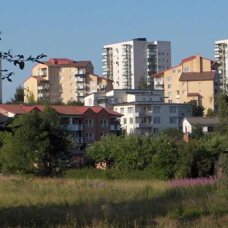 Höghus i Bergshamra samlade med äng i förgrunden