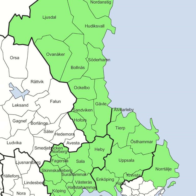 Karta över de fyra landskapen i region Aros-Gävle