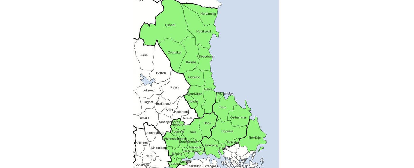 Karta över region Aros-Gävle med stadsnamn. Kartan är grön.