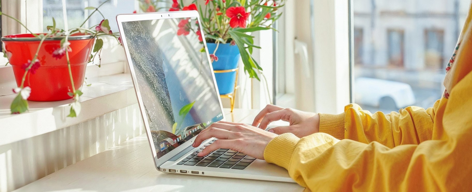 Kvinna sitter vid sin dator och skriver. På skrivbordet står en vas med blommor