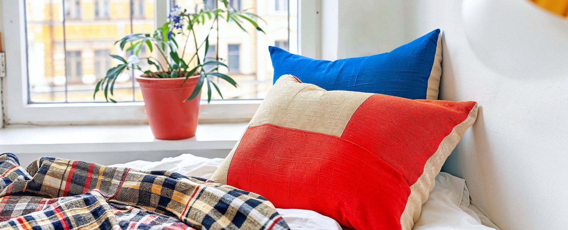 Foto på en bäddad säng framför ett fönster, bilden är framtagen med hjälp av AI