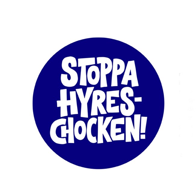 Blå cirkel med texten Stoppa Hyreschocken