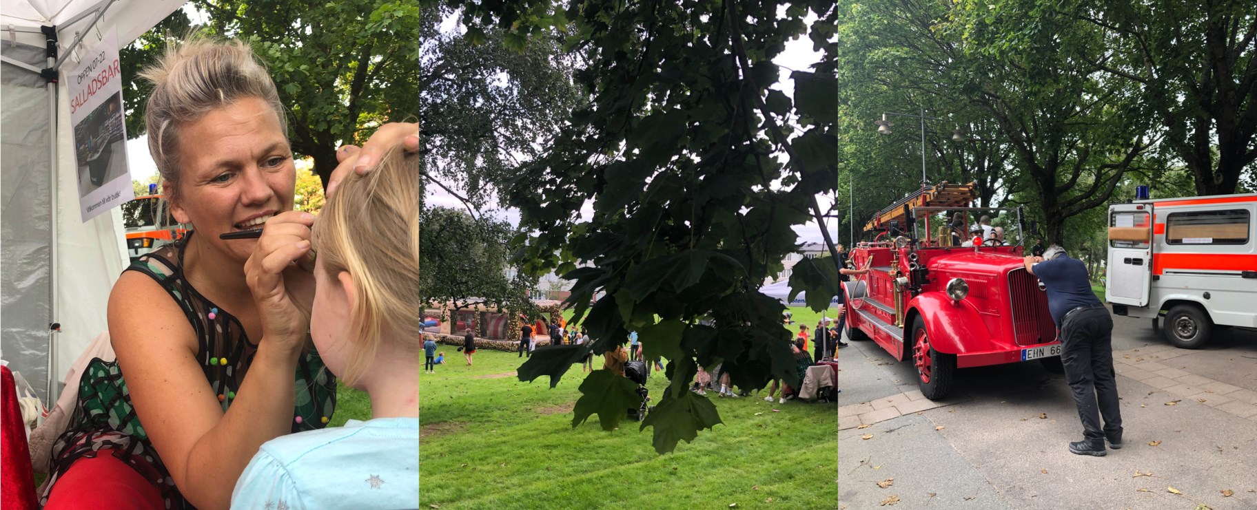Fotokollage med foton på ansiktsmålning, en översiktsbild med ett träd i förgrunden och hoppborgen och tälten i bakgrunden och ett på den röda veteranbrandbilen.