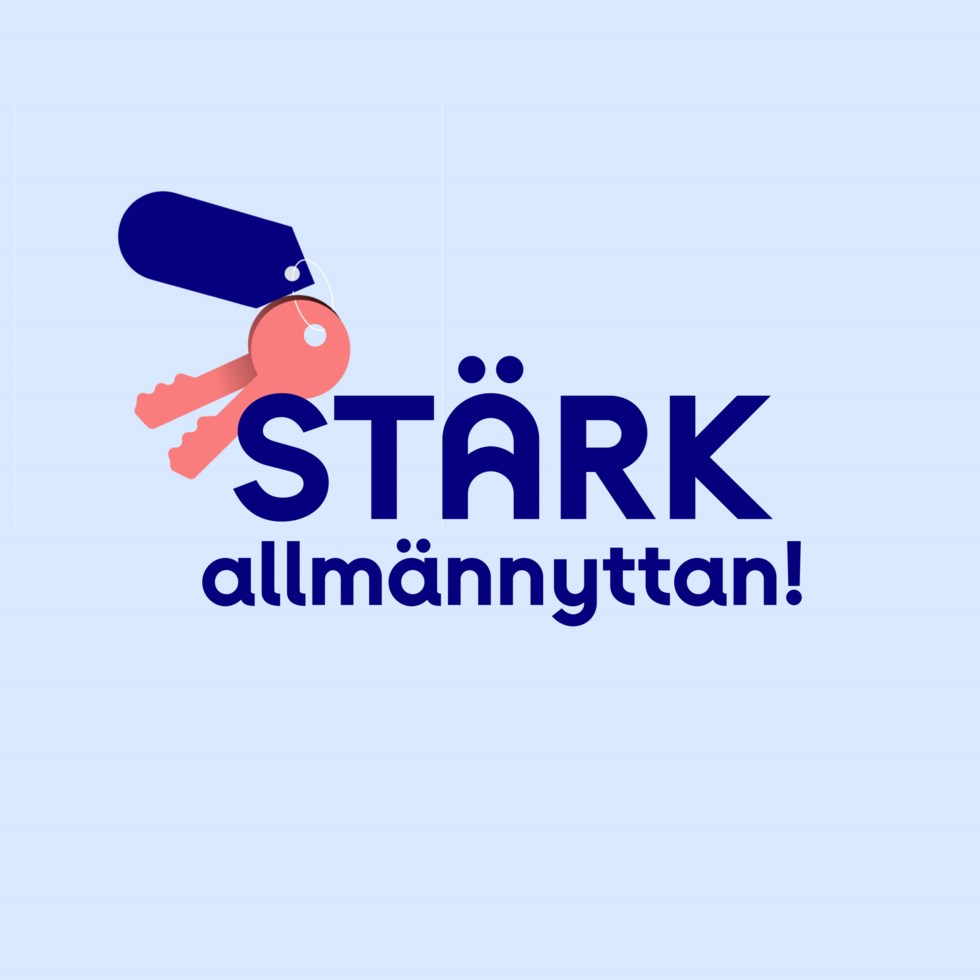 Bild där det står "Stärk allmännyttan" med en illustration med en nyckelknippa",