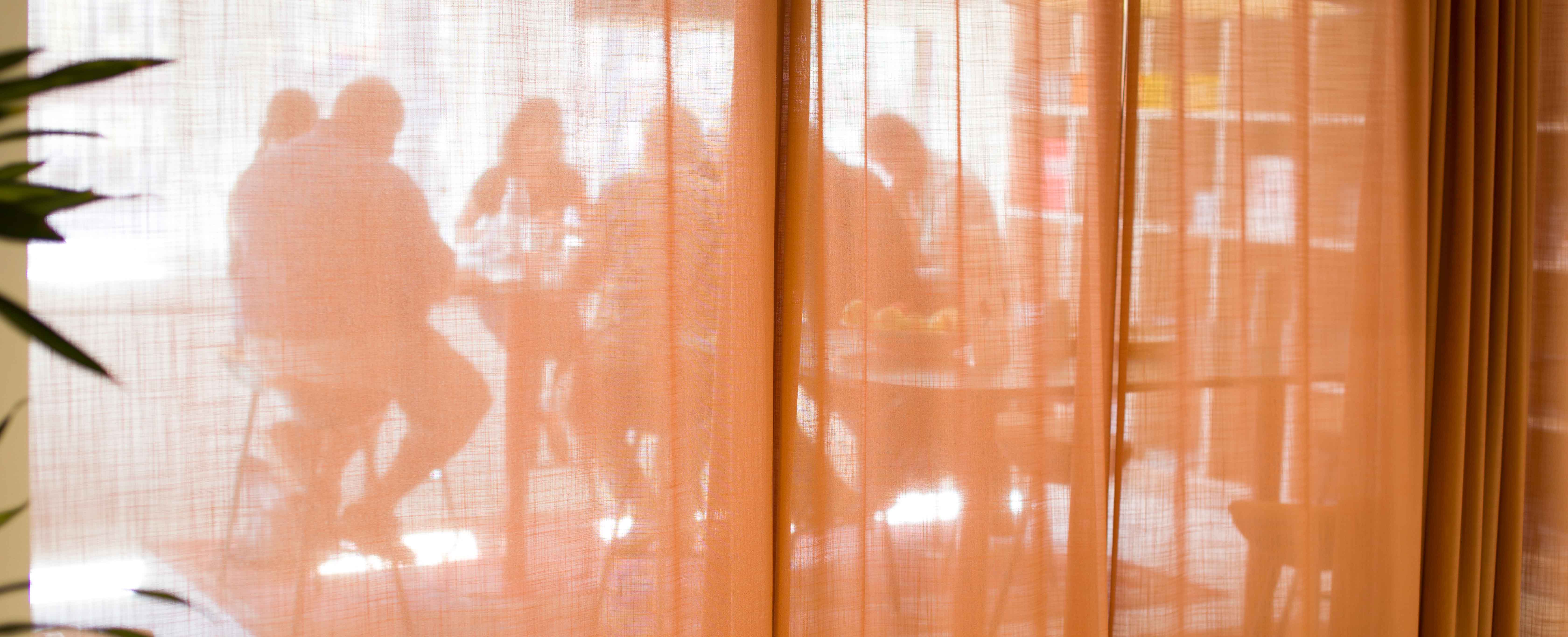Bakom ett oranget skynke syns sju personer som sitter runt ett bord och samtalar