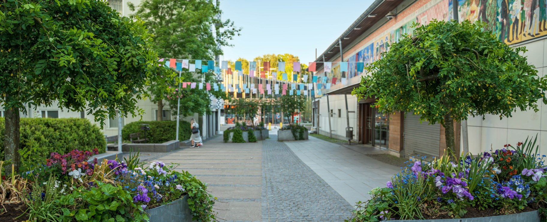 Foto från gågata i Bergsjön med husfasader på båda sidorna av husen.