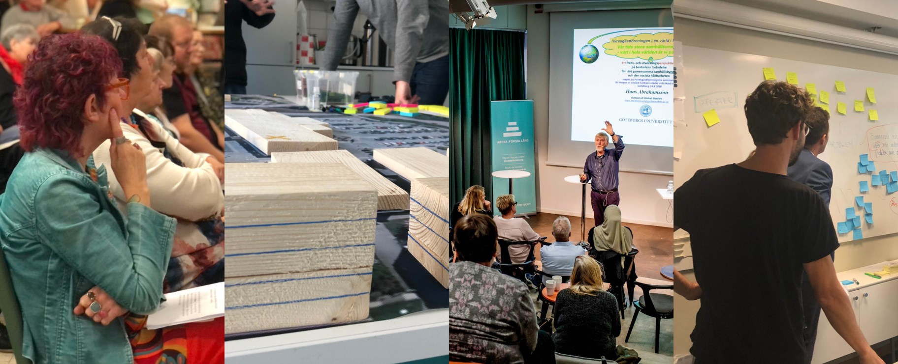 Fotokollage som visar seminarier, workshops och utbildningar