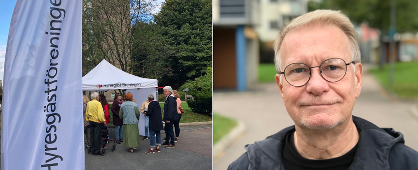 Till vänster syns ett tält uppställt på en gård där människor står och pratar och till höger en bild på Hyresgästföreningen västra Sveriges regionordförande Ronny Bengtsson