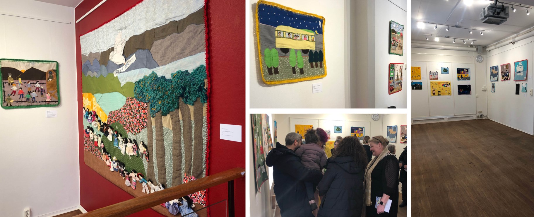 Fotokollage med bilder på konstverken på utställningen och en bild med besökare från utställningens vernissage.