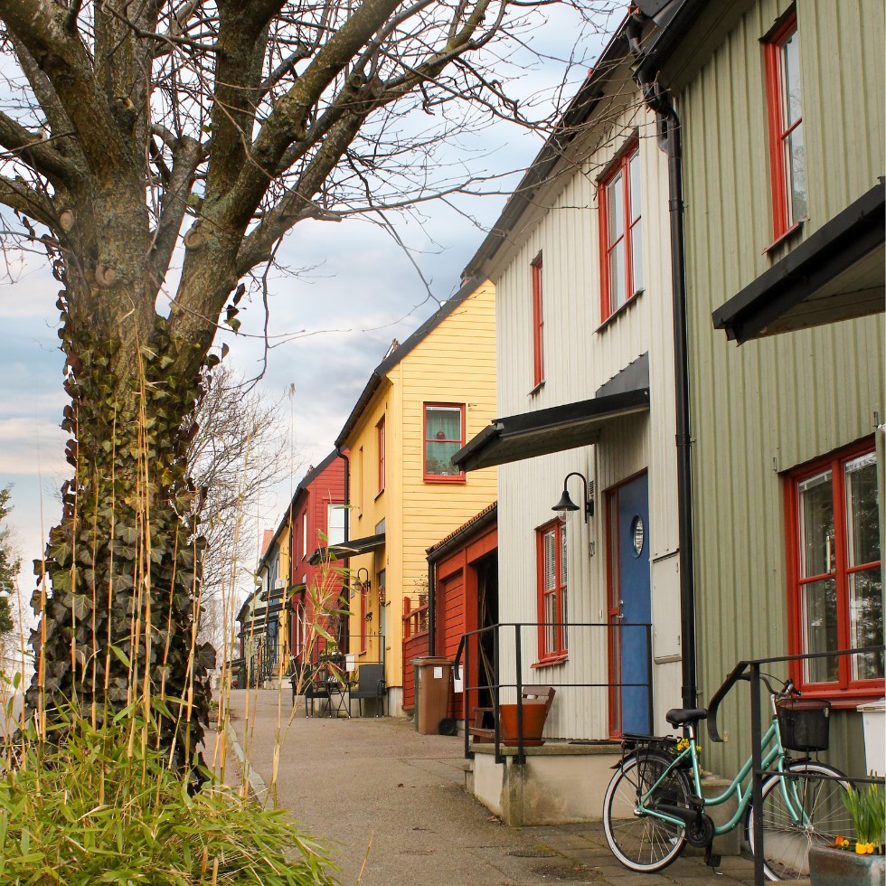 Färgglada radhus står i rad längs en trottoar, omgivna av höstväxter och träd. Husen är målade i nyanser av gult, rött, grönt och beige, med färgglada dörrar och fönsterkarmar. Framför det gröna huset står en blå cykel och en blomkruka.