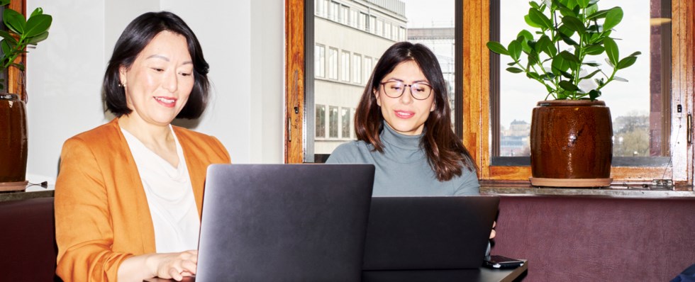 kvinnor på kontor arbetar tillsammans med sina datorer